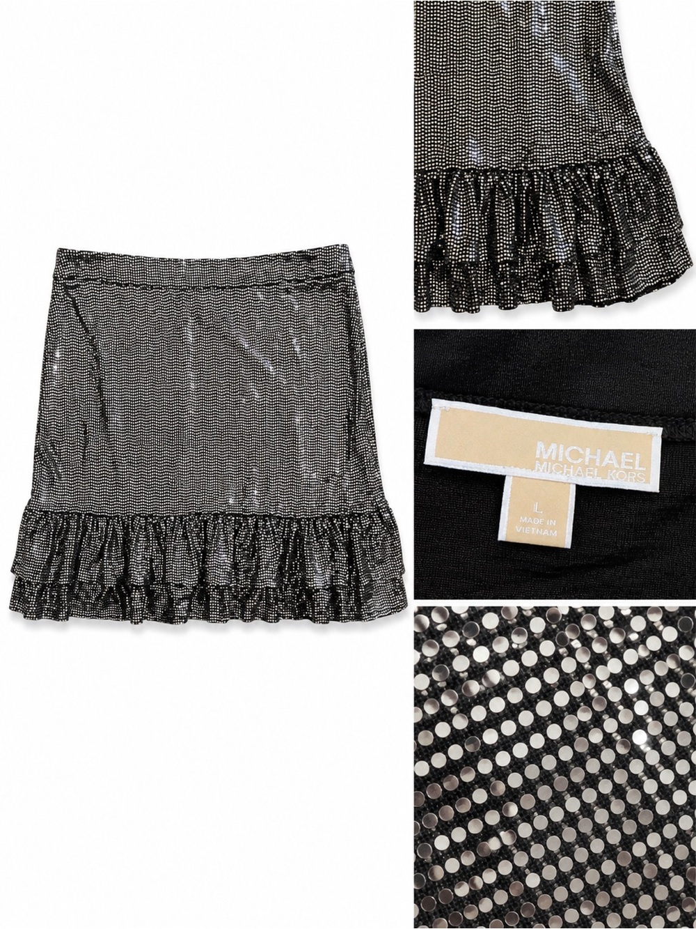 Michael Kors Silver Studded Ruffle Mini Skirt Size Large